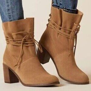 Toms Tan Suede Mila Block Heel Wrapped Lace Detail Boots